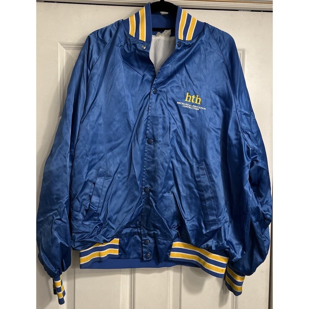 Vtg 70s 80s Birdie Varsity Satin Bomber Blue Yellow Westark 2X HTH Mechanical